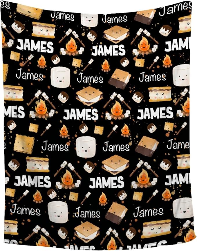 Custom S'Mores Blanket with Name | Personalized Marshmallow Blanket for Girls Boys | Ultra Soft Customized Cookie Throw for Couch/Sofa/Travel/Camping Home Decor - 60x80-Adults/Twin Size