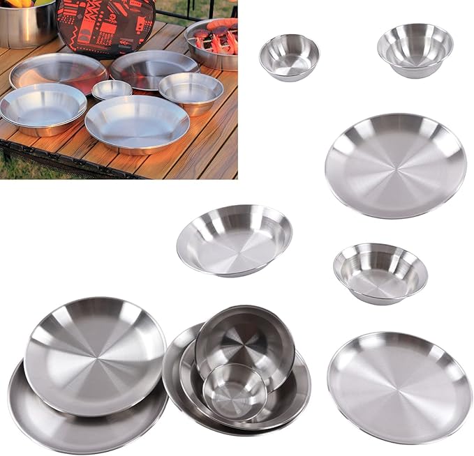 12pcs Stainless Steel Camping Dinnerware Set Outdoor Dinnerware Set Camping Plates Bowls Set with Storage Bag for Backpacking Hiking Picnic &amp BBQ