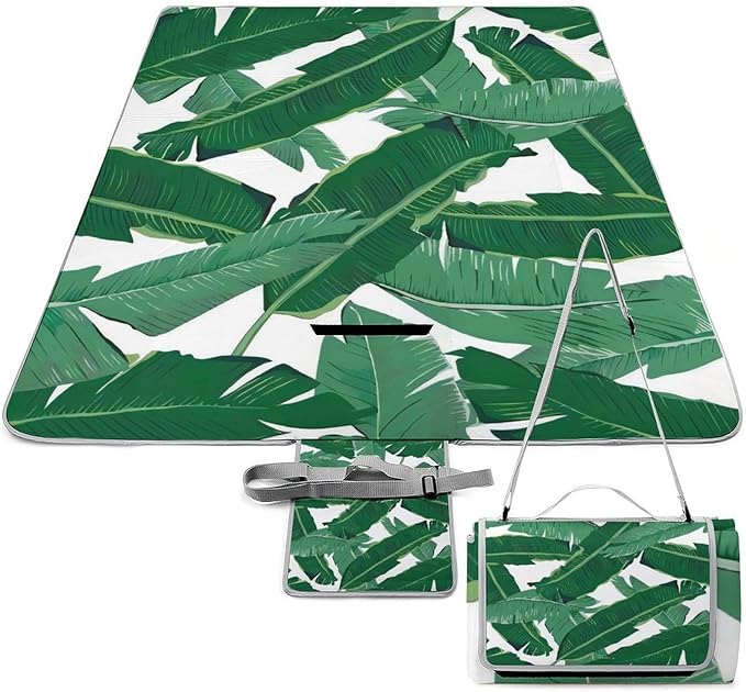 Green Banana Leaves Waterproof Outdoor Picnic Blanket Sandproof Beach Mat for Camping Hiking Grass Travelling
