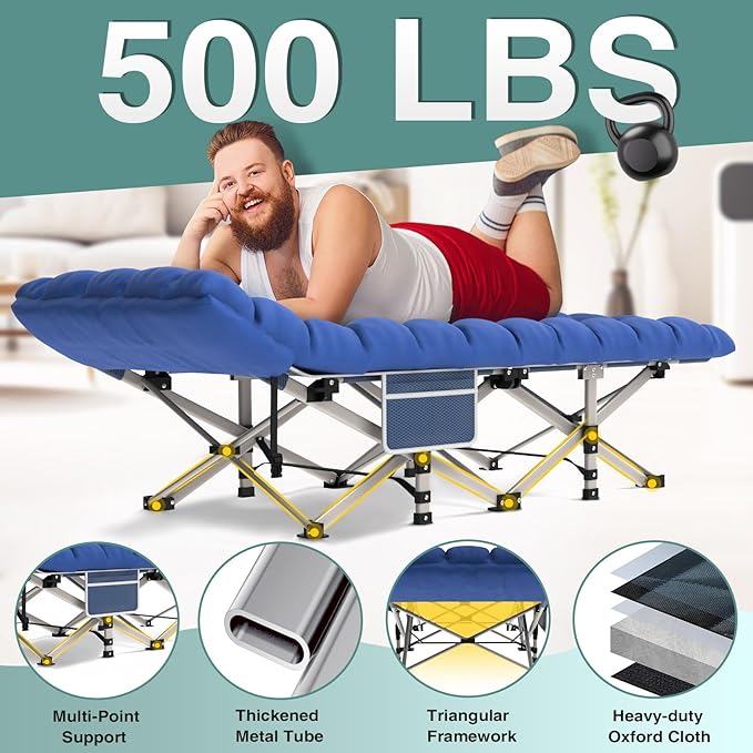 Seeutek Folding Camping Cot for Adults with Carry Bag Portable Bed with Detachable Cushion Waterproof 1200D Oxford Fabric Cot Bed for Camping Hunting Lounging Camping Cots Blue Cot &amp Gray P