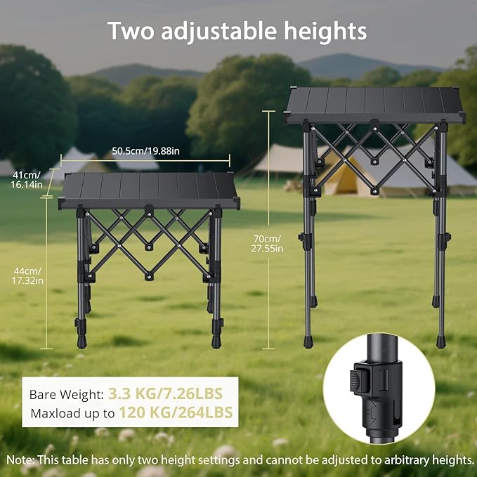Anbte Folding Camping Table 2 Height Adjustable Small Camping Side Table Aluminum Roll Top with Carry Bag Stable X-Frame for Outdoor Cooking Tailgating Picnic BBQ RV Travel 20”x16” 264lbs Load