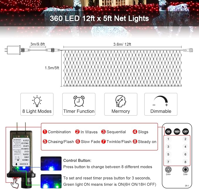 JMEXSUSS 360 LED Red Net Lights Outdoor Connectable 12ft x 5ft Christmas Net Lights Plug in with Remote 8 Modes Waterproof Red Mesh Light for Bushes Christmas Halloween Decorations