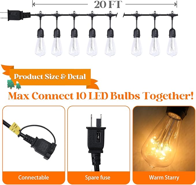 Afirst Outdoor String Lights Weatherproof Connectable LED Edison String Lights Black Cord with Clear Plastic Bulbs Starry Theme