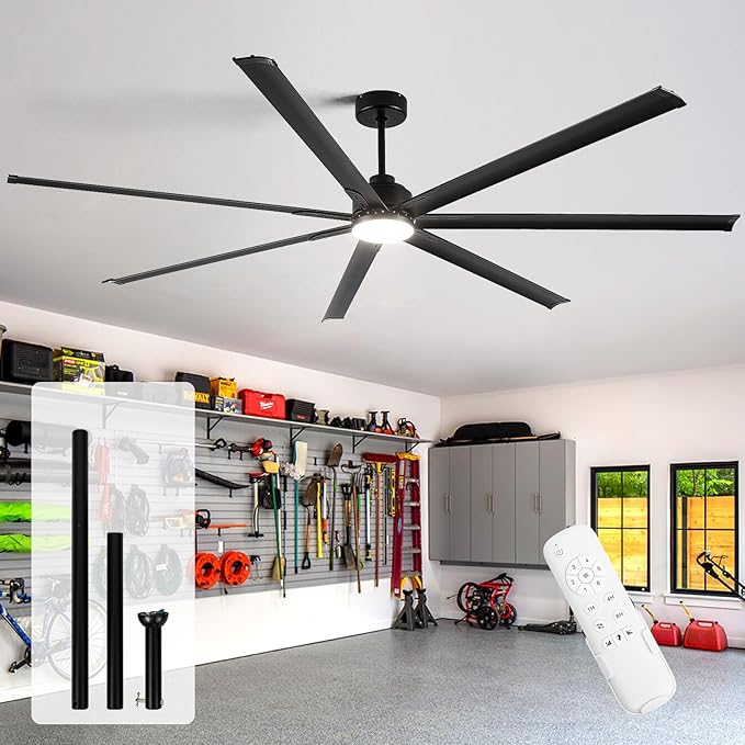 96 Inch Industrial Ceiling Fans with LightBlack HVLS Ceiling Fan with 6 Speeds Reversible MotorHigh CFM Indoor/Outdoor Ceiling Fan with 7 Aluminum Blades for Barn shopCommercial