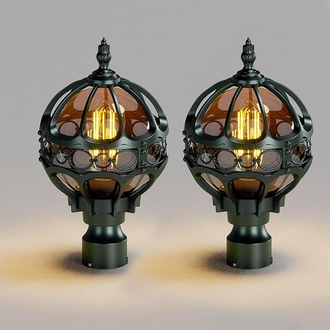 2 Pack Outdoor Globe Lamp Post Light Fixtures 15.8 Green Sphere Post Top Lantern for Patio Porch Driveway Hardwired Anti-Rust Aluminum Pillar Light with Amber Glass Fits Standard 3 Post