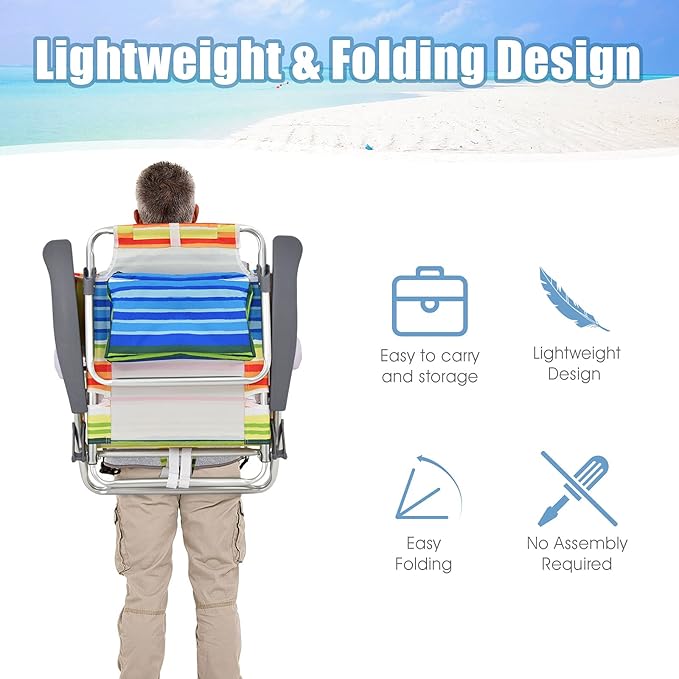 Giantex Folding Beach Chair Patio Sling Chairs with 5 Adjustable Position Head Pillow Storage Bag Towel Bar Cup Holders Backpack Chairs for Sunbathing Camping Chair