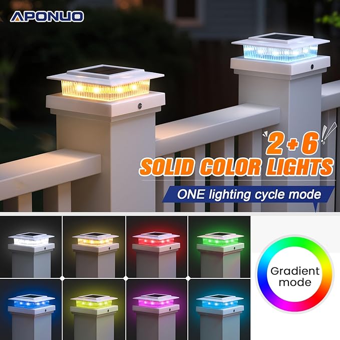 APONUO 6 Pack Solar Post Cap Lights Color Changing - 8 Solid Colors &amp Flowing Multicolor IP65 Waterproof for 4x4 Wood/Vinyl Posts Auto On/Off Deck Fence Patio Garden Lighting White