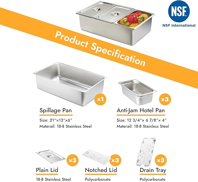 CURTA Ice Chilled Condiment Serving Container (3 Pan) NSF Certified 2 Types of Lids Drain Tray Commercial Spice Rack Set For Kitchen Buffet Catering Food Pan