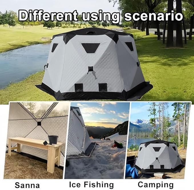 8-12Person Ice Fishing Tent with Stove Jack and Floor Portable ICES Fishings Shelter 420D Insulated Layer Oxford Cloth Hexagon Shanty Pop-Up Fish Tent for Winter Camping Fishing