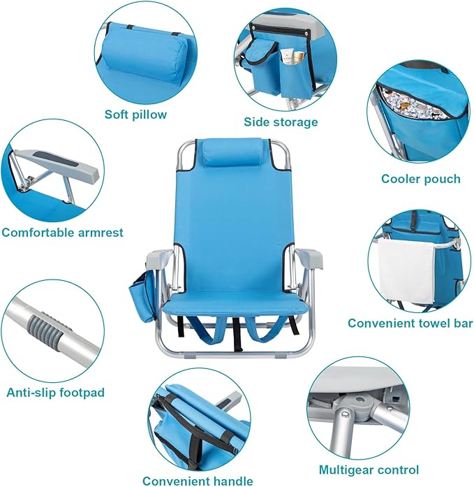 5-Position Folding Low Backpack Beach Chair with Headrest &amp Cup Holder - Portable Aluminum Reclining Camping Chair with Storage Bags Adjustable Recline - Lightweight &amp Compact (Low Blue)