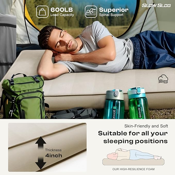 Self-Inflating Sleeping Pad with Portable Electric Air Pump 4in Thick Memory Foam Camping Mattress for Tent Cot &amp Car Travel Fast Inflate &amp Deflate Camping Pad