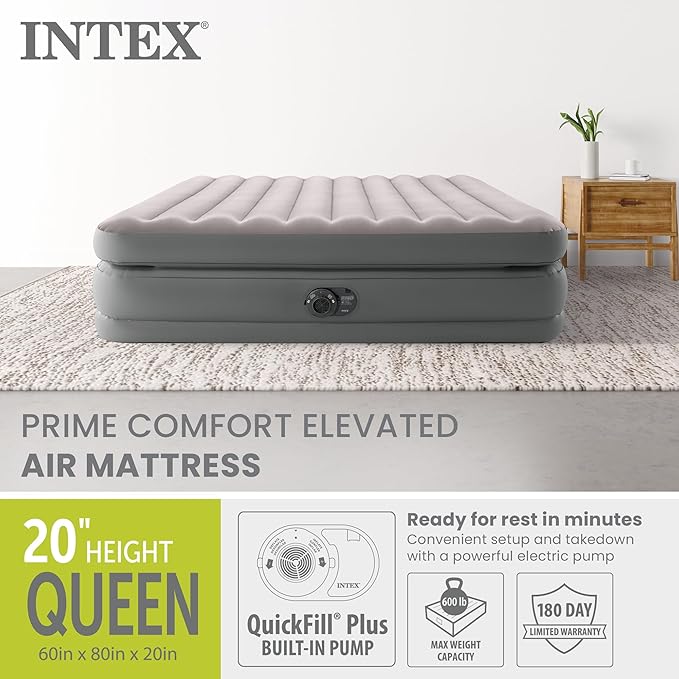 Intex Dura Beam Plus Prime Comfort Fiber-Tech Elevated Technology Home Air Mattress Bed with Electric Built-In Pump Queen
