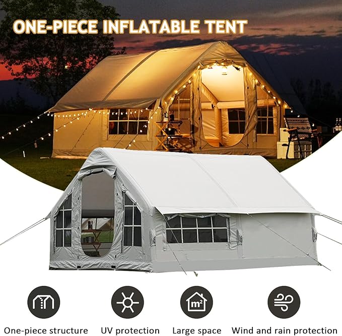 Inflatable Tent with Pump 6-10 Person Instant Glamping Camping Tents House Easy Setup Blow Up Family Tents for 4 Seasons Waterproof Inflatable Tent for Camping