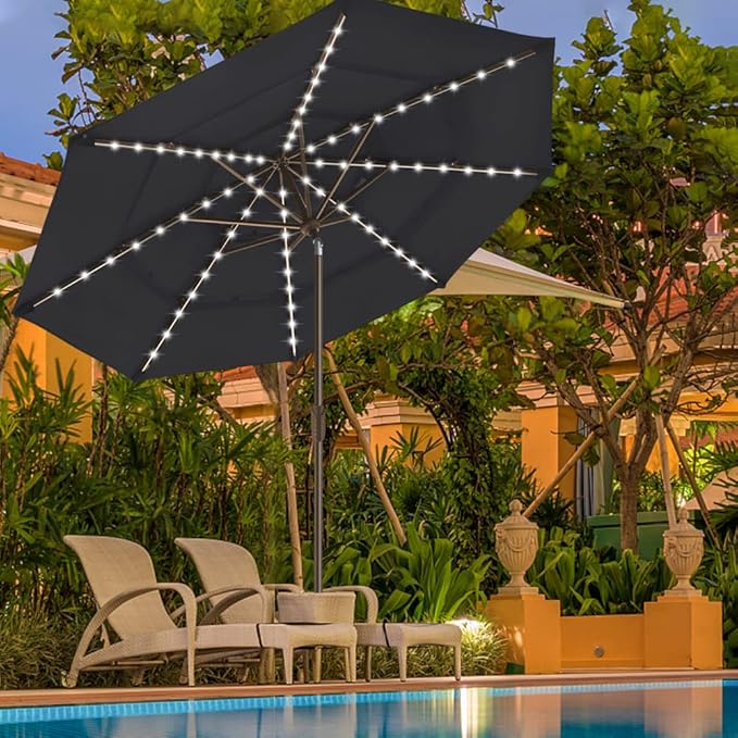 EliteShade USA 10-Year-Non-Fading Solar 9ft 3 Tiers Market Umbrella with 80 LED Lights Patio Umbrellas Outdoor Table with VentilationBlack