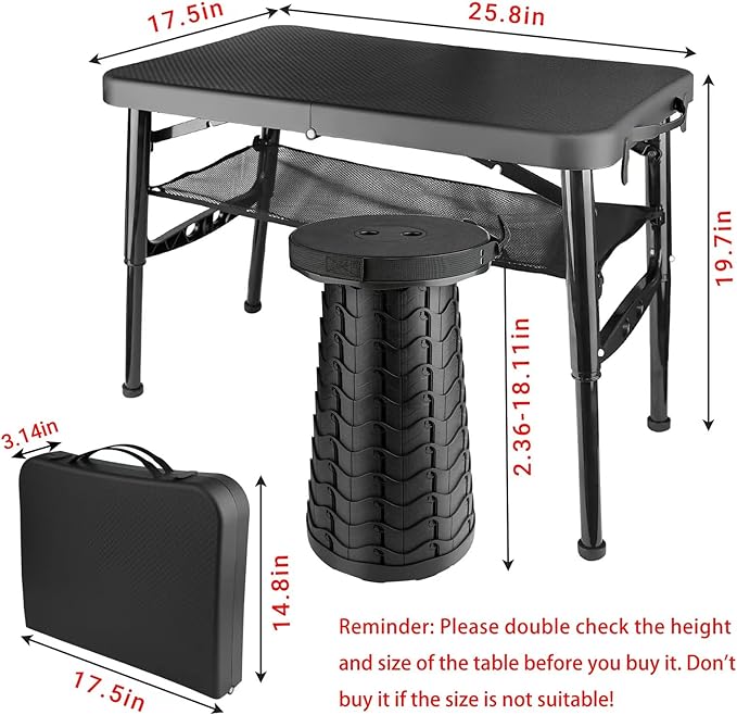 Folding Table and Stool Small Black 4 Foot Outdoor Portable Table Adjustable Height Camping Picnic RV Table 55lbs Load-Bearing Lightweight