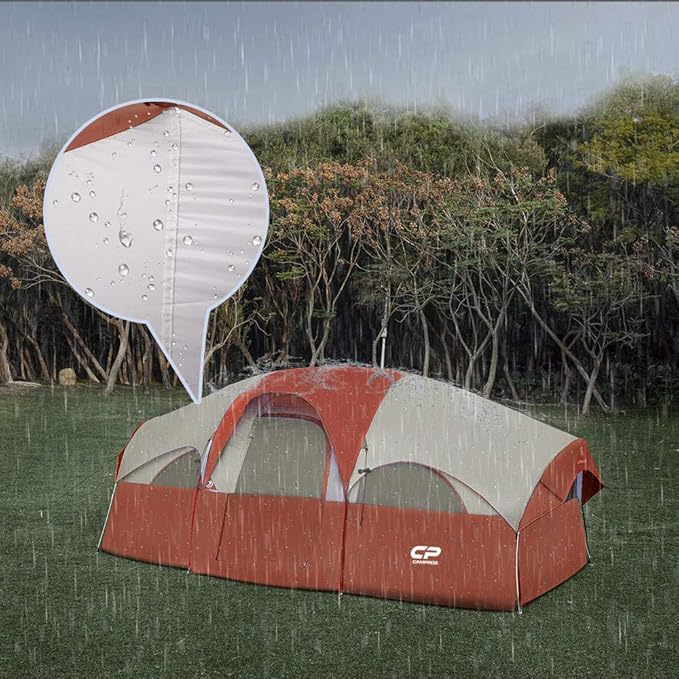 CAMPROS CP Tent 8 Person Camping Tents Weather Resistant Family Tent 5 Large Mesh Windows Double Layer Divided Curtain for Separated Room Portable with Carry Bag
