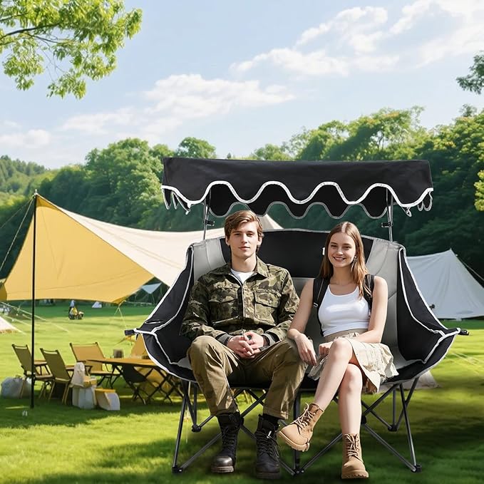 Double Camping Chair with Adjustable Shade Canopy Oversized Portable Folding Loveseat Couch 2 Person Soft Padded Couch Back Storage Bag Cup Holder for Outdoor Lawn Backyard