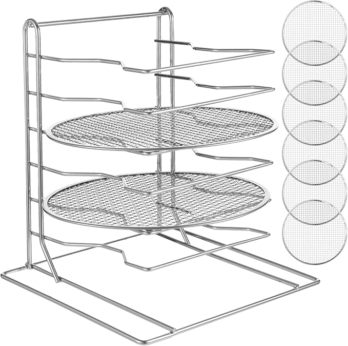 OMISTAR 6 Tier Pizza Rack With 6 Perforated 12 Inch Perforated Pizza Pans with Holes 13.3' H x 12'' L x 12'' W Pizza Pan Rack Holder for Buffet Table Easy Storage Multiple Pizzas (6 Tier)