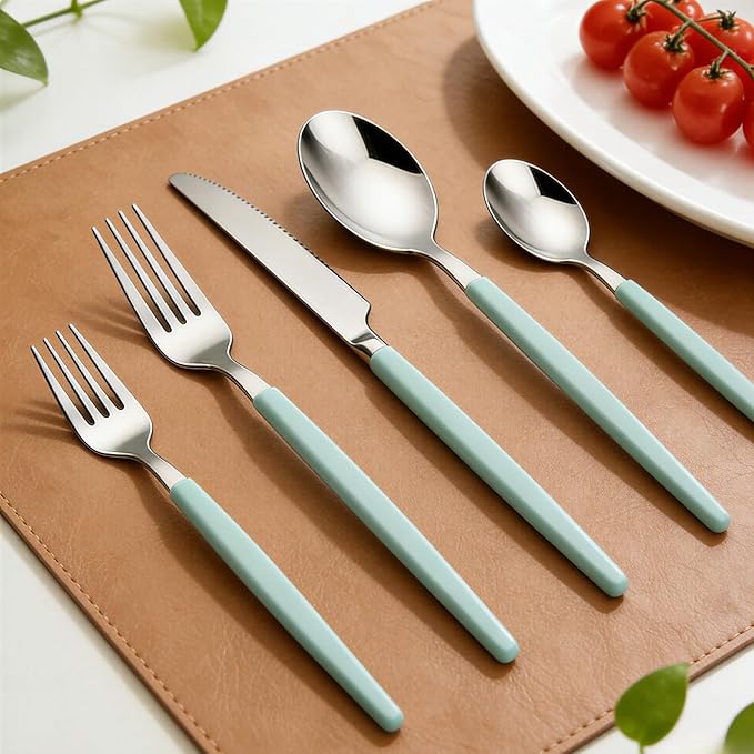 Silverware Set 40-Piece Stainless Steel Spoons and Forks Set with Organizer Color Handles Camping Flatware for 8 Dishwasher Safe（Green)