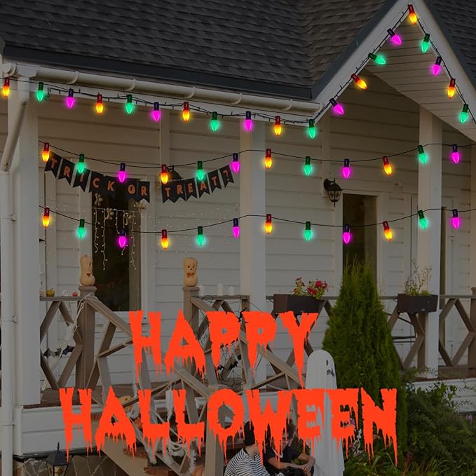 C7 LED Halloween String Lights 25FT Vintage Colorful Lights with 27 Orange/Green/Purple LED Bulbs Outdoor String Lights for Halloween Christmas Tree Party Backyard - Black Wire