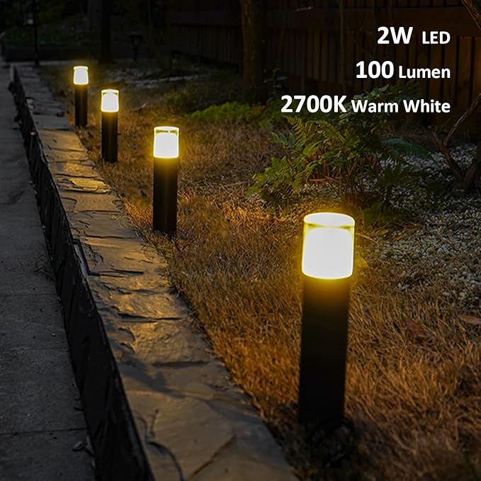 GOODSMANN 8PK Bollard Landscape Lighting Kits 2W LED Low Voltage Pathway Lights 100 Lumen 2700K Warm White Outdoor Hardwired Walkway Lights Brown Finish Path Lights with Connectors Metal Stakes