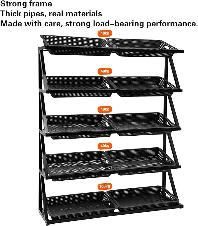 5 Tier Supermarket Fruit Vegetable Storage Rack Retail Display Rack Market Shelf with 10 Slanted Baskets &amp Adjustable Feet Floor Standing Metal Fruit Vegetable Snacks Display Shelf Organizer
