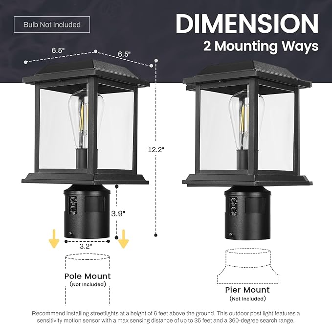 zeyu 12.2-Inch Outdoor Lamp Post Light Fixture 360° Detection 4 Modes Exterior Sensor Post Light Die-Cast Aluminum with Clear Glass Shade Black Finish 0409-P-SE BK