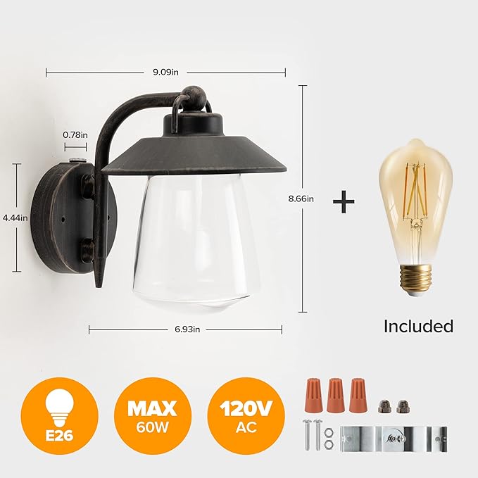LUTEC Outdoor Dusk to Dawn Wall Lantern Farmhouse Barn Wall Light Fixture Antique Rust Finish Wall Mount Light Waterproof Porch Light with Clear Glass for Exterior Patio(Bulb Included)