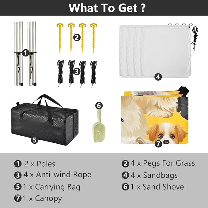Little Dogs on Yellow Beach Tent Sun Shelter 9.2' x 10.5' Beach Canopy with 4 Sandbags 4 Stability Poles Sand Shovels - Tent Canopy for Beach Camping Fishing Picnics