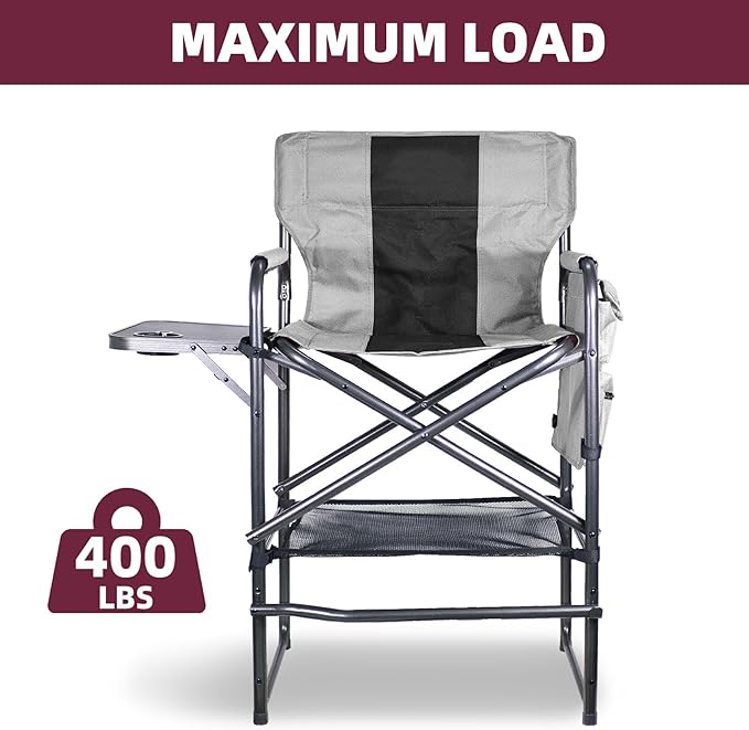30 Tall Directors Chair with Side Table 400LBS Bar Height Folding Camping Chair for Makeup Artists Outdoor Events Portable Foldable Chair with Cup Holder &amp footrest - Gray/Black