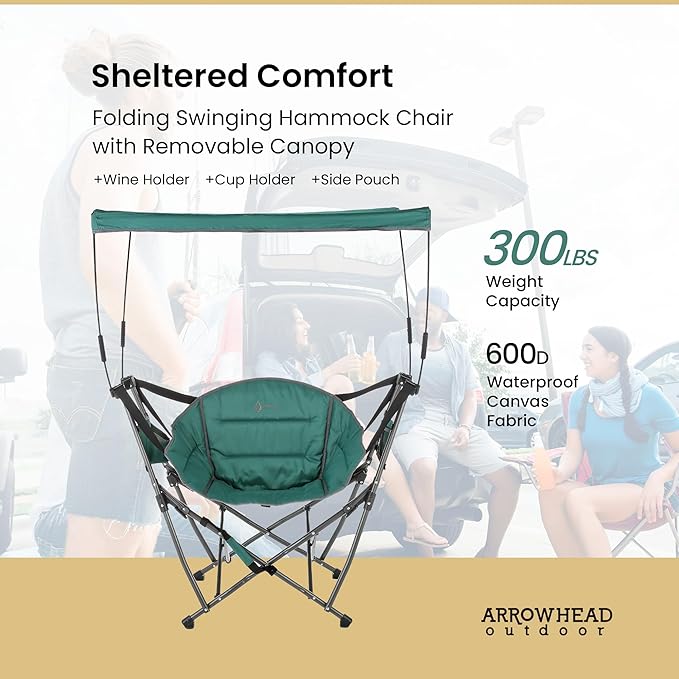 ARROWHEAD OUTDOOR Portable Folding Swinging Hammock Camping Chair Removable Canopy Perfect for Stargazing Cup Holder Storage Pouch Carrying Bag Included Supports up to 300lbs USA-Based Support