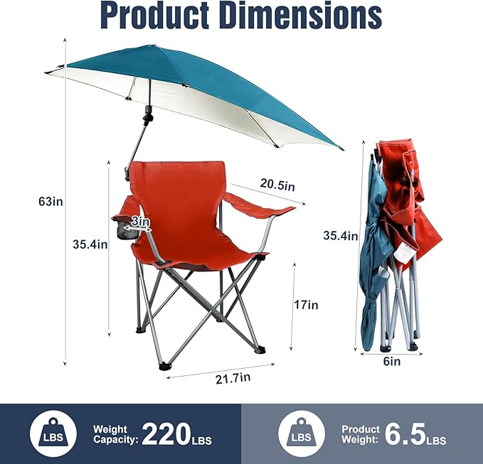 Foldable Beach Chair with Shade Canopy Camping Chair with Cup Holder and Carry Bag for Outdoor Camping Hiking Beach Picnic 220.5LBS (Red)