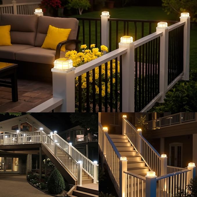 Solar Post Light 6 Packs with 4x4 5x5 and 6x6 Inches Base for Vinyl/Wooden Posts Bright 16 LEDs Solar Cap Lights with Two Light Modes for Decorating Deck Patio Porch Fence (White)
