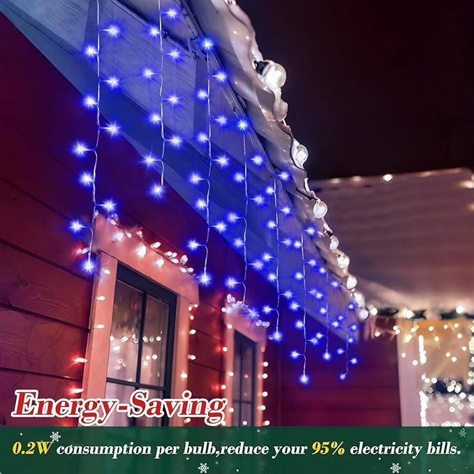 XURISEN 132ft Christmas Lights Decorations Outdoor 1280 LED 8 Modes Fairy Lights with 240 DropsPlug in Waterproof Timer Memory Function for Christmas Holiday Wedding Party Decorations(Blue)