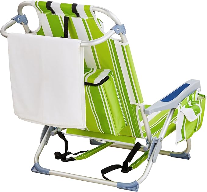 Bonnlo Low-Profile Folding Patio Chair with Headrest &amp Storage Pouch Lightweight Aluminum Frame Supports 220 lbs/100 kg Portable for Travel Lawn Poolside Camping Beach(Meadow Stripes)
