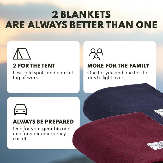 Woolly Mammoth 80% Merino Wool Camping Blanket 2-Pack - Naturally Fire-Resistant and Temperature-Regulating - for Cold Weather Camping Bushcraft and Emergency Car Kits (66 x 90 Lapis &amp Mulber