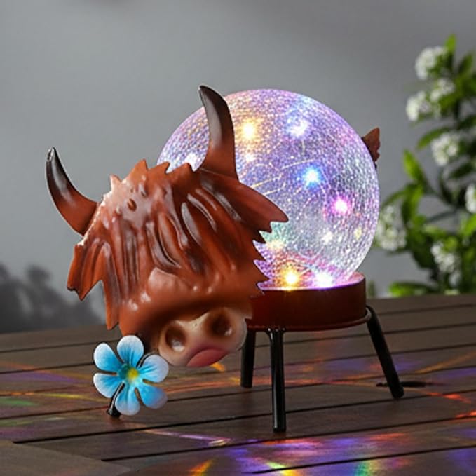 Solar Lights Outdoor Highland Cow Decor with Crackle Glass Globe Lights - Cute Metal Cow Decor for Yard Lawn Patio Porch Pathway Tabletop Housewarming Gifts for Mom Women