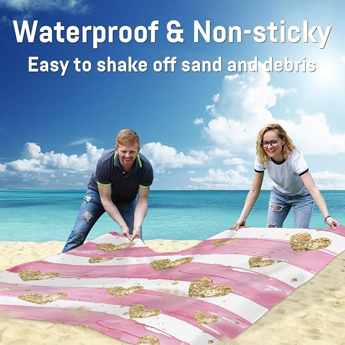 Waterproof Sandproof Beach Blanket 59''×68'' Golden Heart Pattern Polyester Outdoor Picnic Blanket with 4 Stakes &amp Storage Bag for BeachCampingVacation