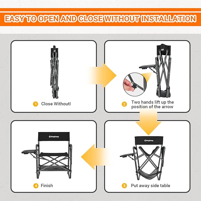 KingCamp Directors Chair with Side Table Folding Camping Chairs for Adults with Storage Pockets Breathable for Outside Camping Lawn Picnic Beach &amp Fishing (Black)