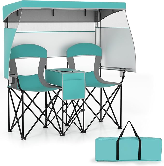 Goplus Double Beach Chair w/Adjustable Canopy Oversized Folding Camping Chair w/Roll-up Shade Cooler Bag Cup Holders Carrying Bag 2-Person Portable Loveseat for Sports Fishing (Turquoise)