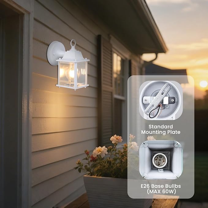 Classic White Aluminum Wall Lamp – Wet Location Outdoor Fixture Die-Cast Aluminum &amp Tempered Glass E26 Base (60W Max) for Porch Garage Garden (Single Pack