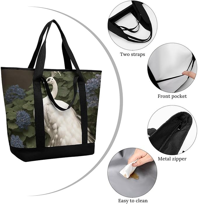 Insulated Shopping BagLarge Reusable Cooler Bags White Peacock Printed Foldable Shopping BagTravel Waterproof Shoulder Bag