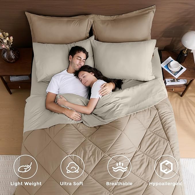 HEVUMYI Khaki &amp Linen King Comforter Set - 7-Piece All Season Bed in a Bag King Ultra Soft Bedding Set with Comforter Flat Sheet Fitted Sheet Pillowcases Pillow Shams
