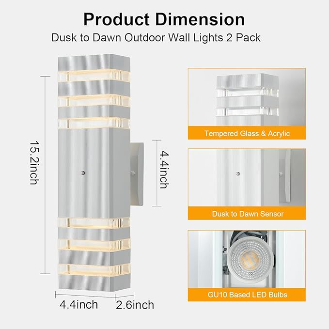 Dusk to Dawn Outdoor Wall Lights 2 Pack White Front Porch Light Fixture Anti-Rust Black LED Up and Down Outdoor Lights for House Hallway Garage Entryway