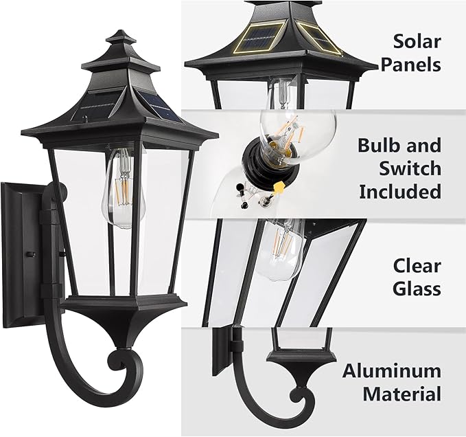 Emliviar Solar Exterior Front Porch Light with Remote Control 3 Lighting Modes Waterproof Solar Wall Lantern Auto On/Off Black Outside Light with Clear Glass 500181-SL BK