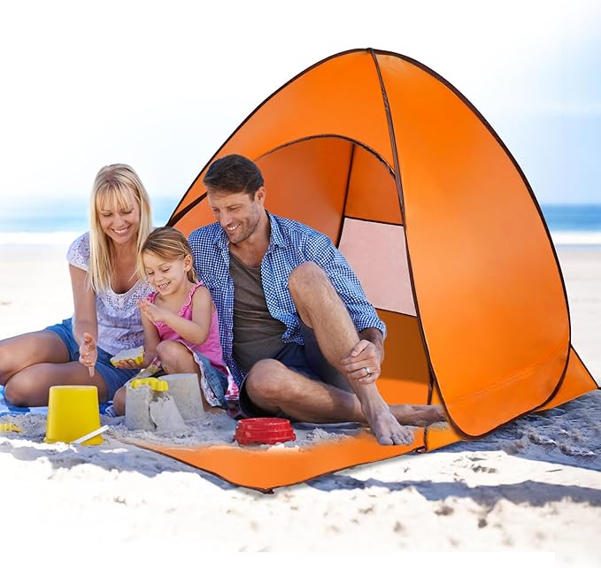 Pop Up Beach Tent Sun Shade Shelter Anti-UV Automatic Beach Tent Canopy for 2-3 People with Net Window Carry Bag for Park Camping (Orange)