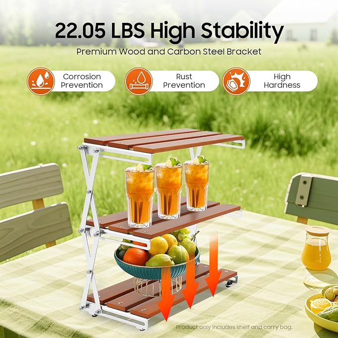 3-Tier Wooden Folding Outdoor Camping Table with Tote BagPortable Camping Shelves Lightweight Camp Storage Rack Outdoor Folding Table for Picnic Beach Fishing Hiking Cooking Backpacking Travel