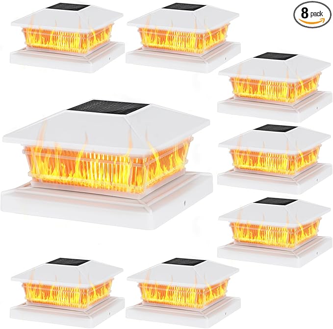8 Pack Flame Post Solar Lights Flickering Flame &amp Warm Light Solar Lights for Fence Posts Waterproof Deck Post Lights for Porch Garden Yard for 4x4 5x5 6x6 Vinyl/Wooden Posts White
