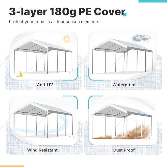 Carport Replacement Canopy Cover for 12 x 20 feet Car Tent Top Garage Shelter Cover Tarp with Ball Bungees (Only Top Cover Frame Not Include (12 x 20' White)
