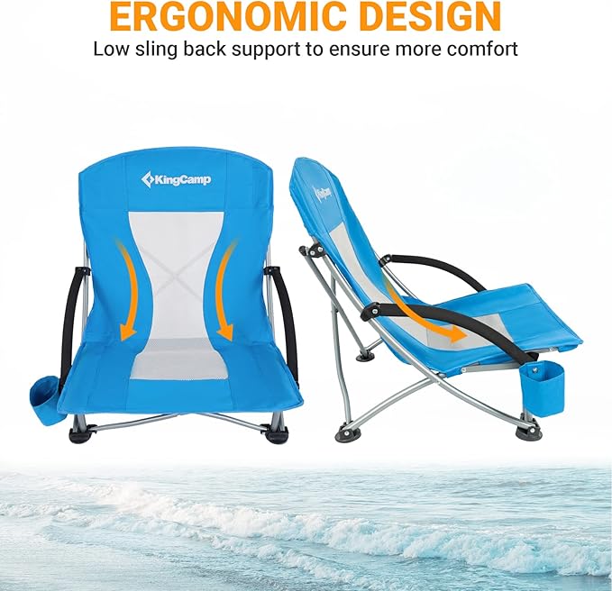 KingCamp Low Beach Chair High Back Folding Camping Chair for Adults Oversized Breathable Mesh Seat 300lbs Heavy Duty Portable Chair with Cup Holder &amp Storage Pockets for Beach Outdoor